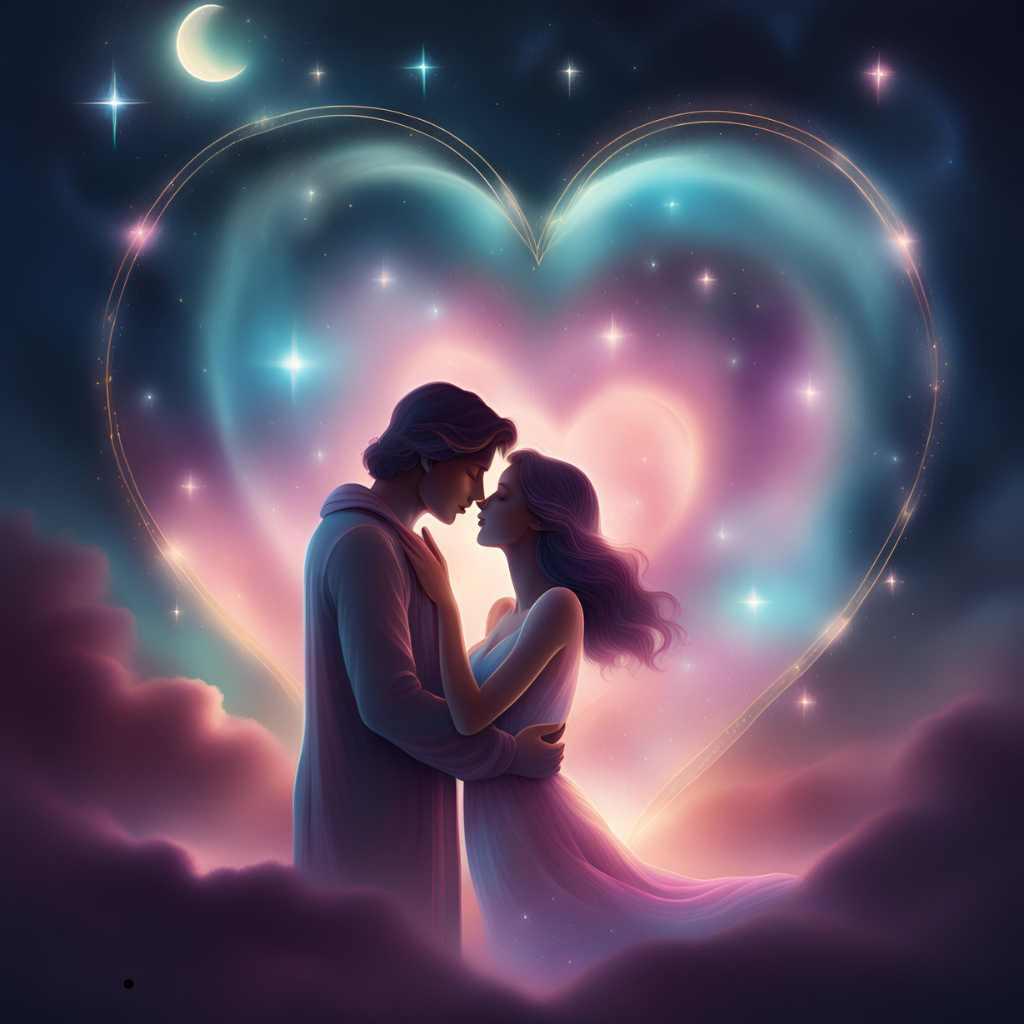Voyance amoureuse 2025 : influence des astres sur les relations sentimentales, illustration romantique de couple sous un ciel étoilé.