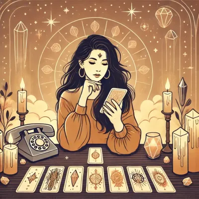 Dall e 2025 04 23 12 19 53 a serene and mystical illustration of a tarot reading by phone a woman with long dark hair sitting at a wooden table is holding a phone with one ha
